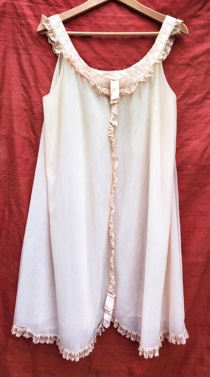 Vintage 60s Odette Barsa peach Double Nylon Gown Lace Ribbons Goddess Dress M