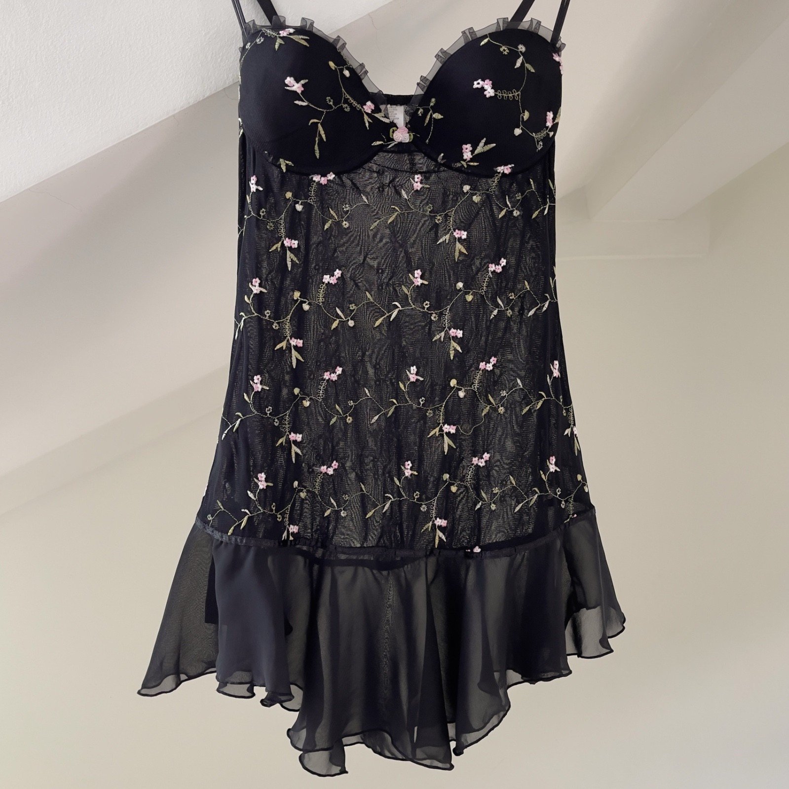 Romantic Y2K Black Floral Embroidered Semi-Sheer Mesh Slip Dress (M–L)