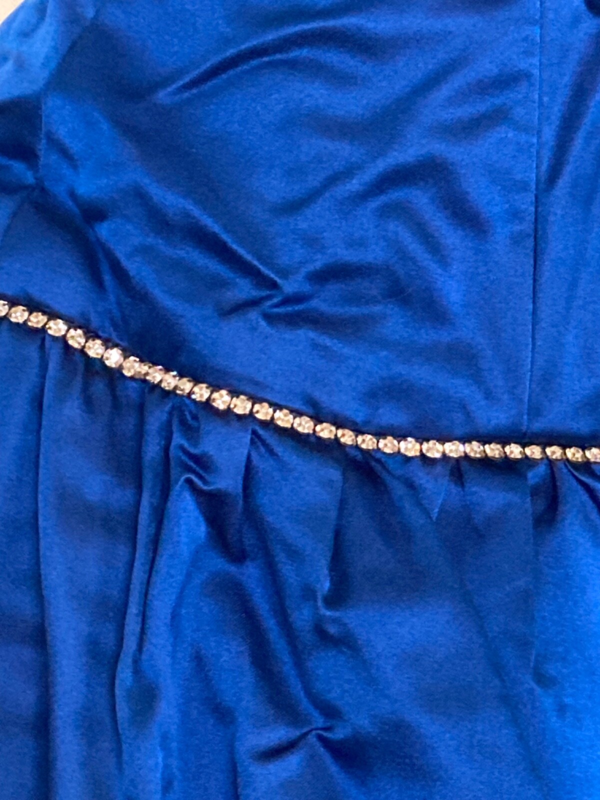 Vintage CACHE Peacock Blue Silk Bubble COCKTAIL Dress Rhinestones Strapless 36