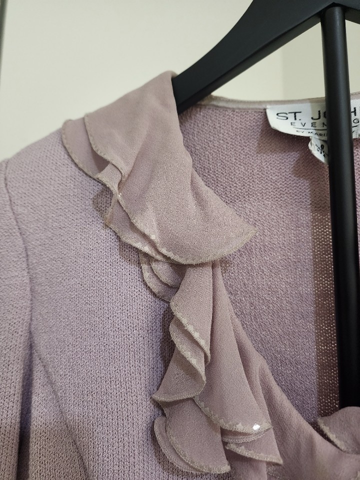 Vintage St John Evening By Marie Gray Pink Knit Ruffle Cardigan Jacket Sz 8 USA