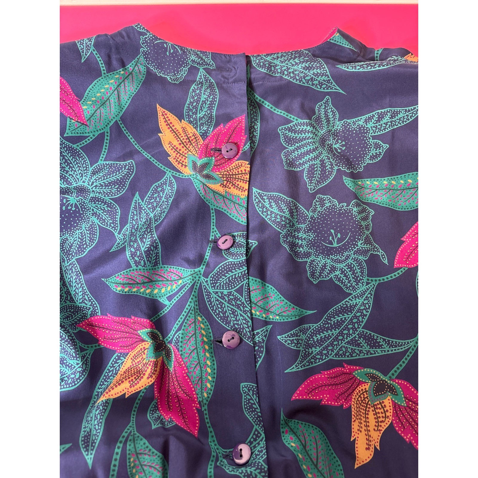VTG 80s LIZ CLAIBORNE 100%Silk Navy Floral Midi Dress 10 Power Dressing Tropical