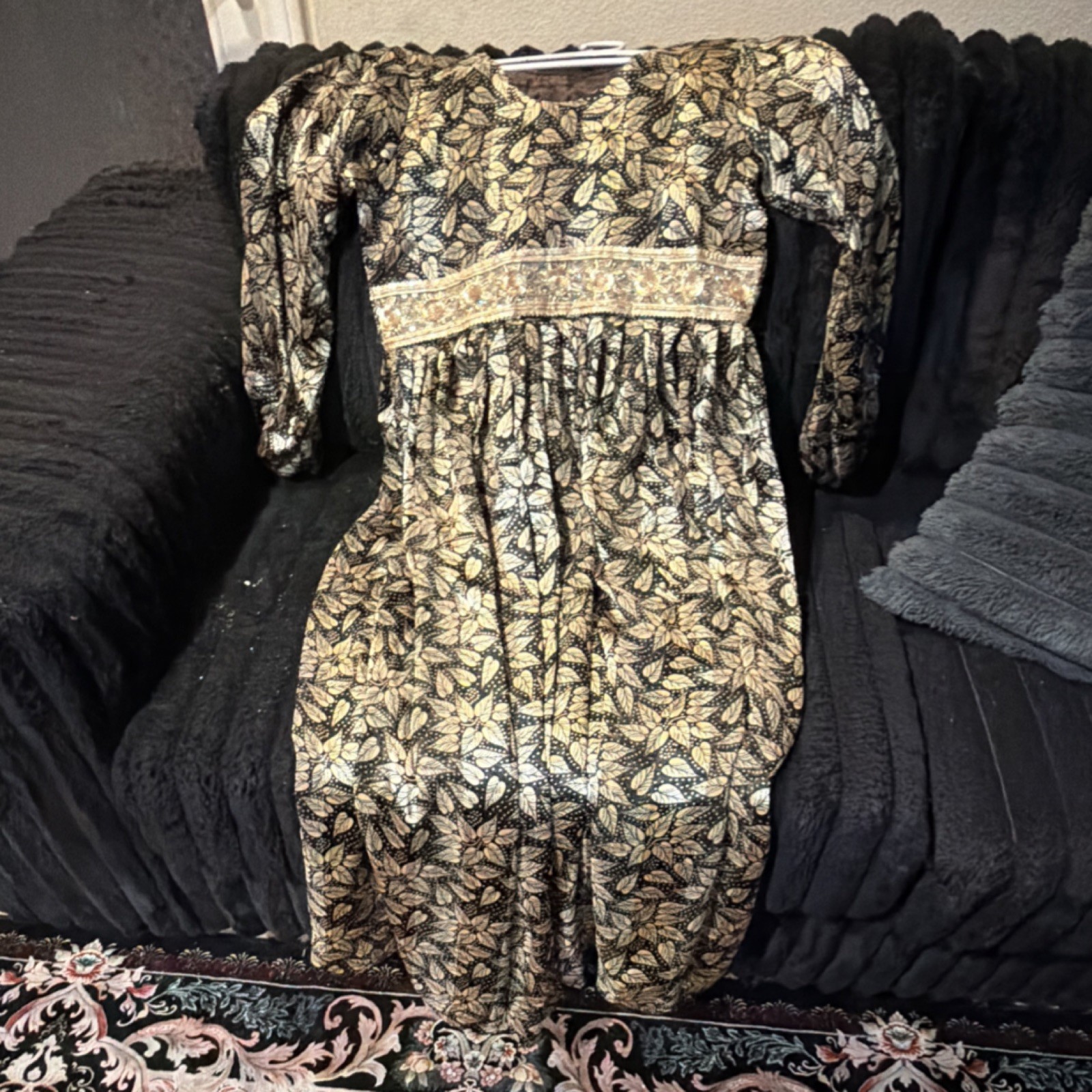 Empire Waist Vintage Gold Leaf Pattern Dress Bohemian Black Cream Long Sleeve