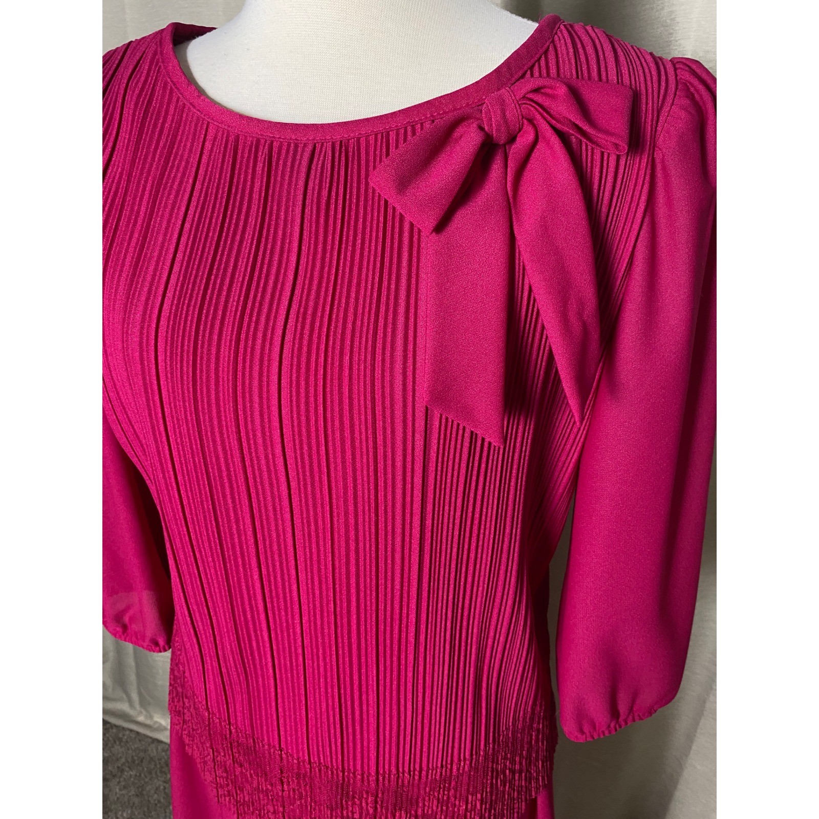 Vintage 70s Good Times Magenta Pink Pleated Midi Dress Bow Lace Trim Size 9/10