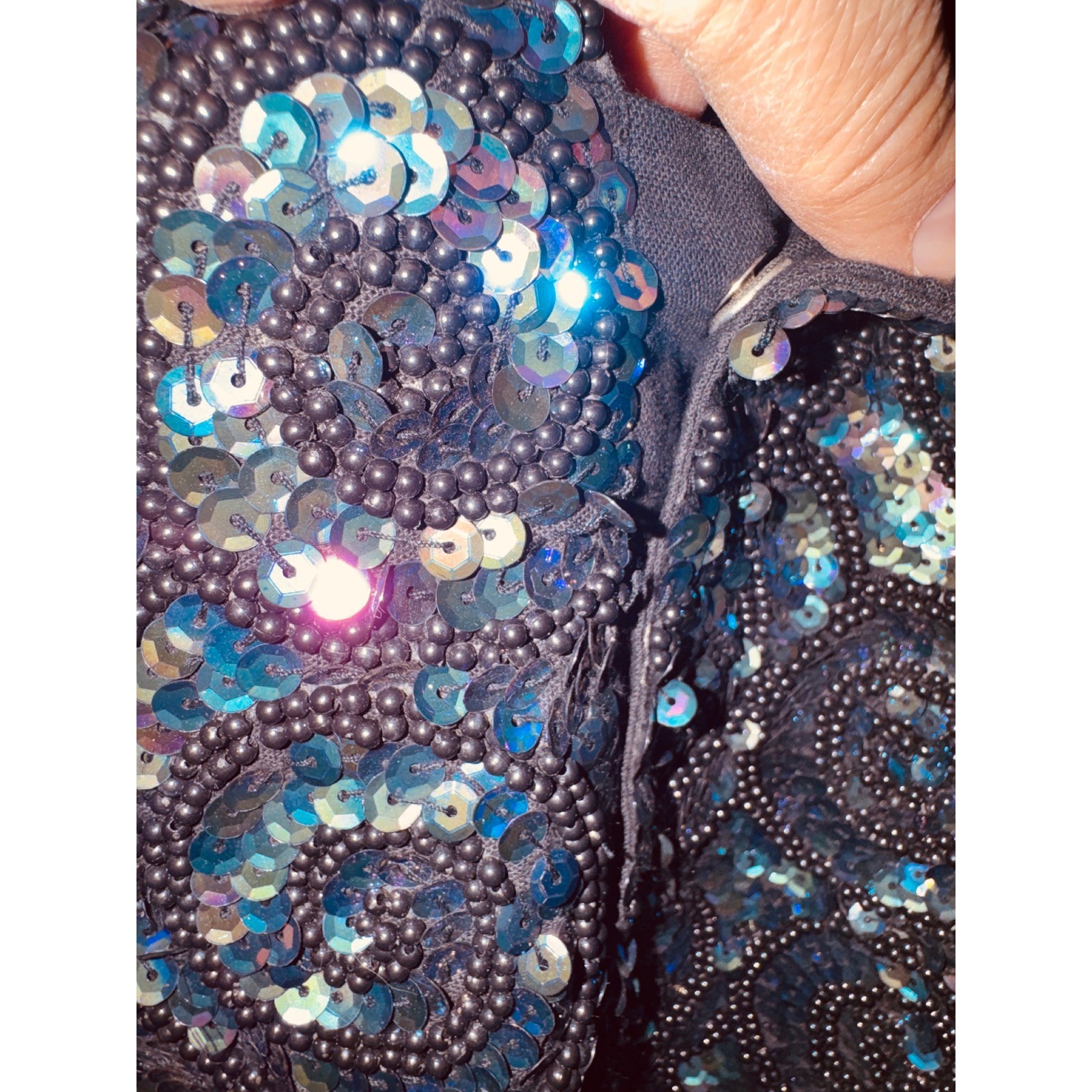 Vintage Beaded Sequin Vest XL Black Iridescent Blue Swirl Glam Disco Y2k Retro