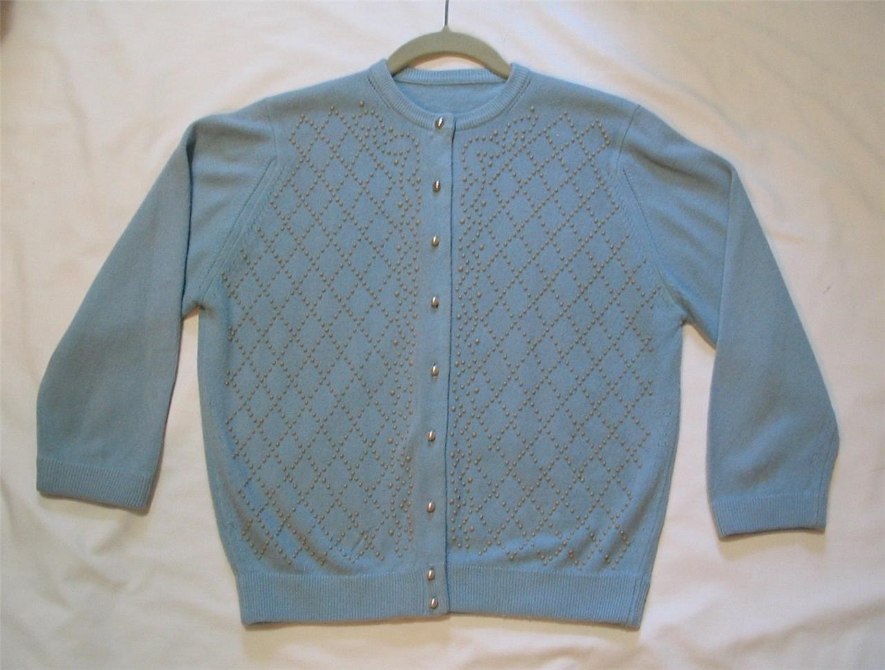 VNTG 1960S~CELADON ORLON~BEADED DESIGN~FAUX PEARL BUTTON CARDIGAN SWEATER~SM~36