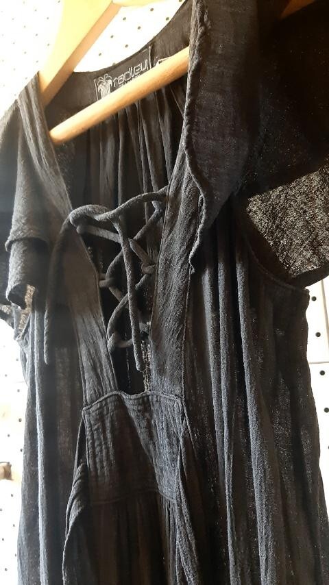 Vintage RADLEY London Black Maxi Sexy Cotton Dress Wing Sleeves Size 12-36″/91cm