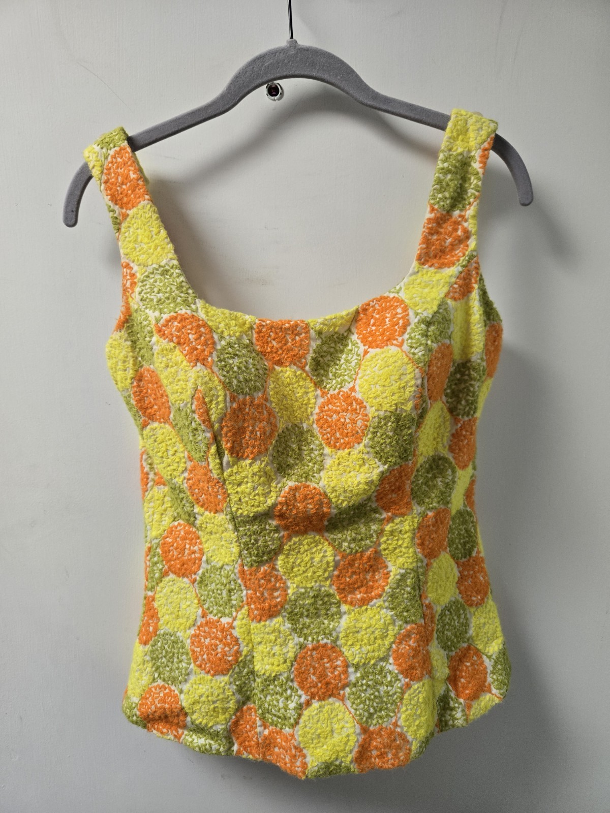 Vintage Bathing Suit Mod Green Orange Yellow Dots 2 Piece 34 Sz 12 M 1960s 70s