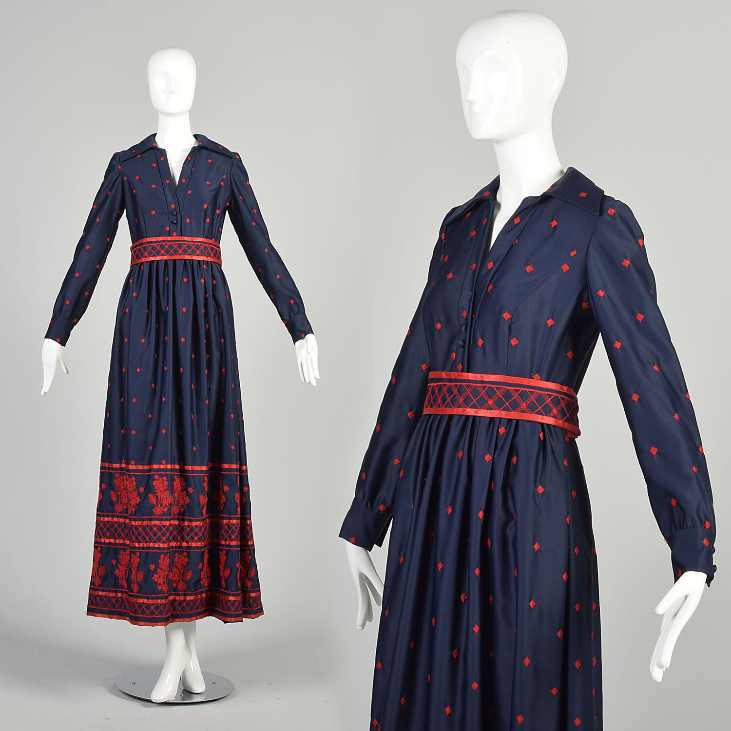 Small 1970s Navy Blue Dress Red Embroidery Long Sleeve Wing Collar Hostess Maxi