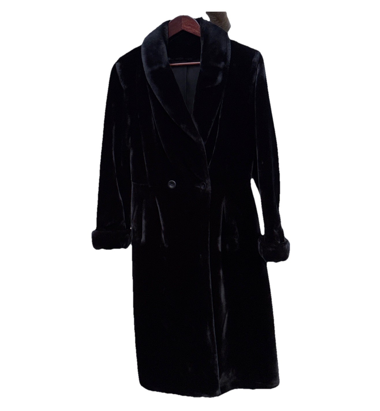 VTG Long Faux Fur Coat Tissavel France Black Dress Luxury Glam Women’s Sm-M Tall