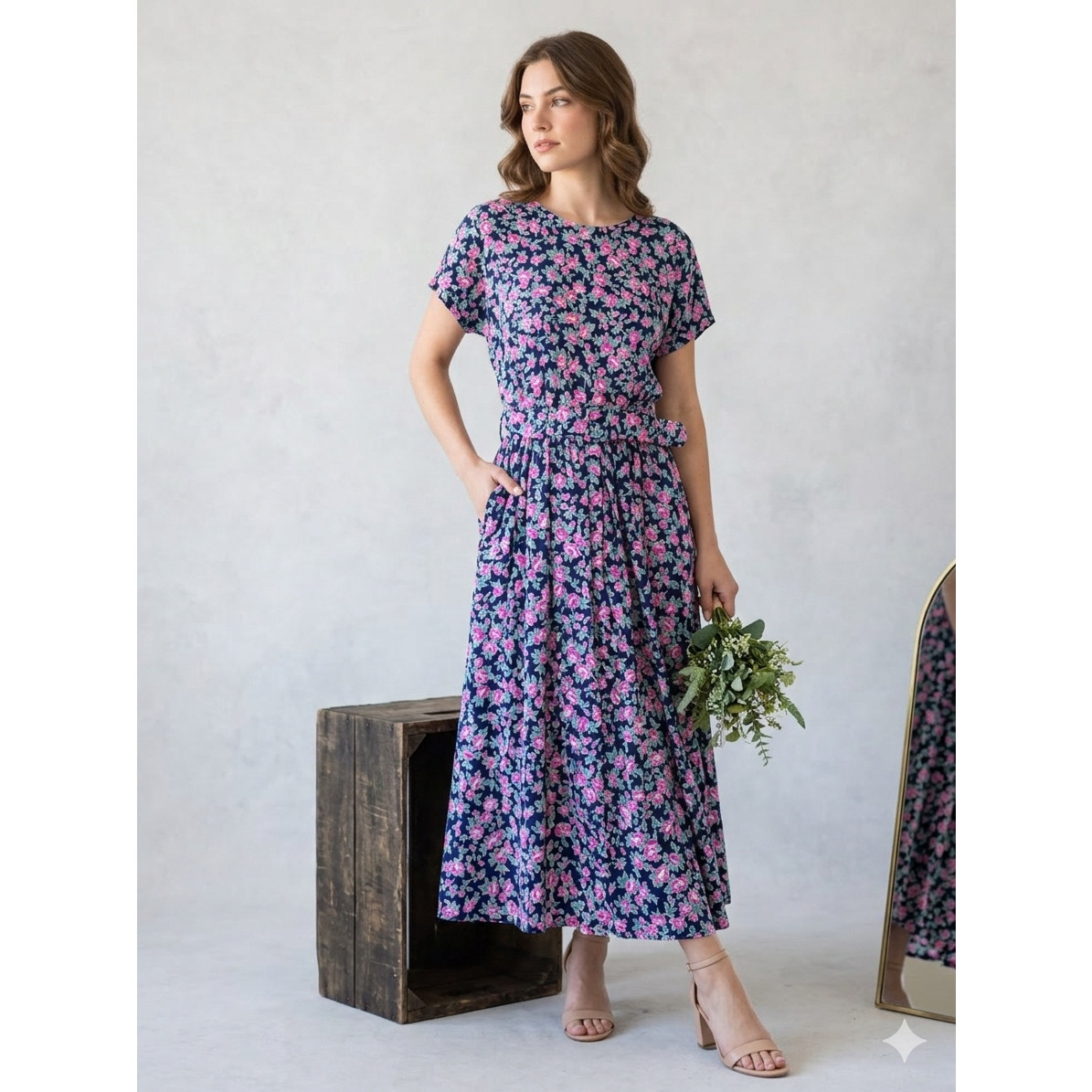 Paquette Too! Floral Vintage 90s Rayon Belted Midi Dress Pink Navy Size 12