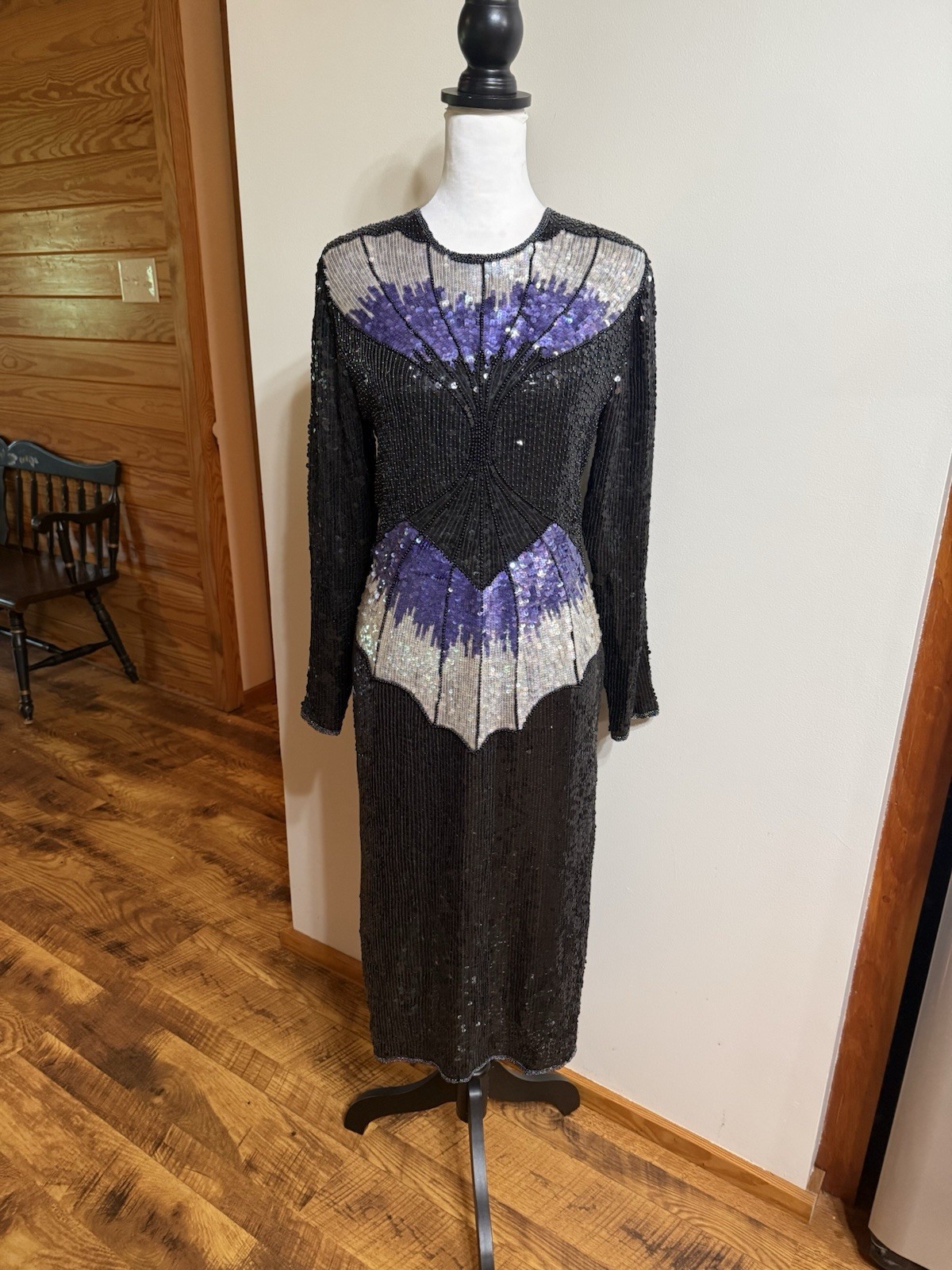 Vintage 1980s HEAVILY Beaded Black Silk Cut Out Butterfly Party Dress Sequins M