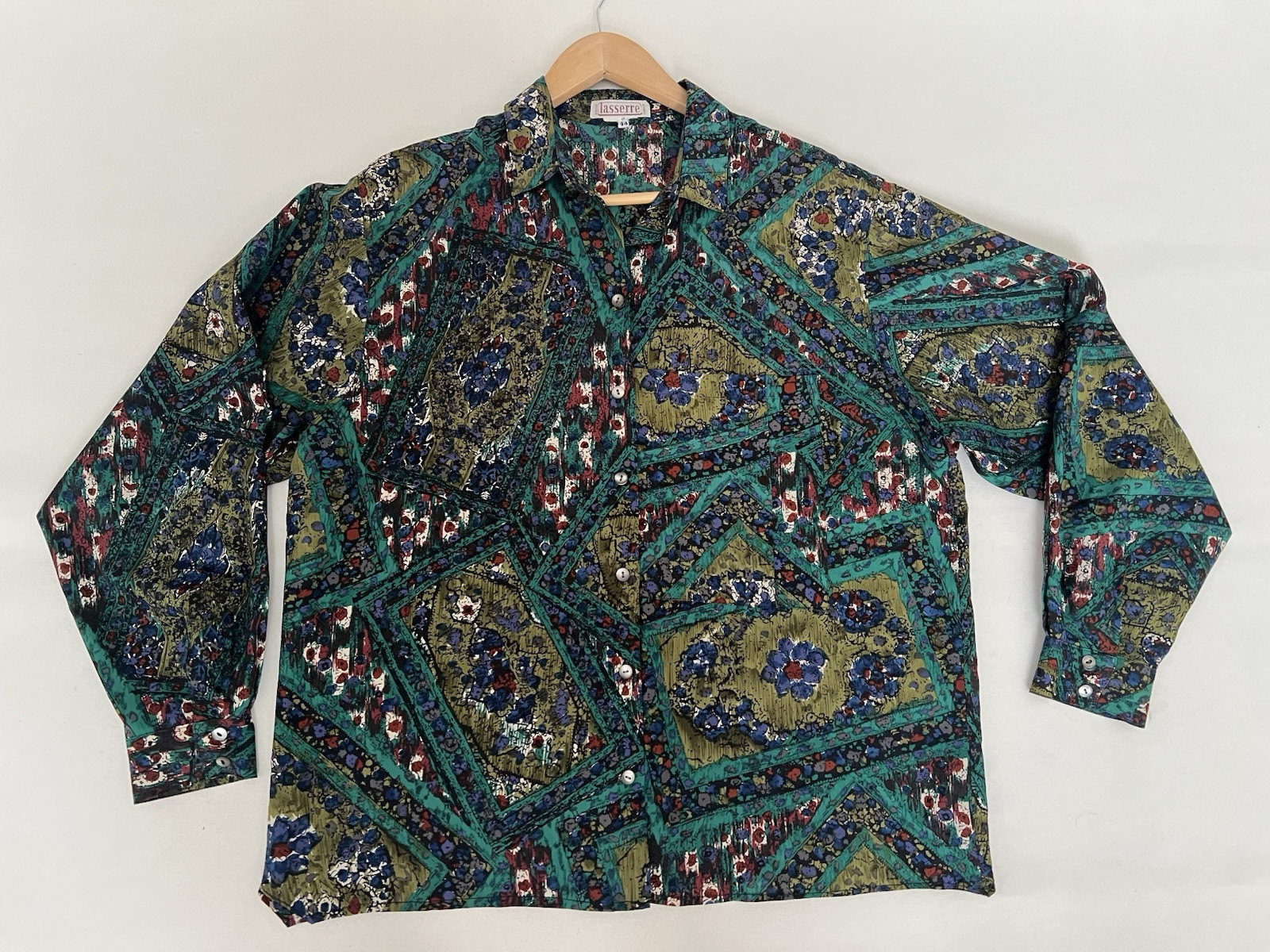 Vintage 80 LASSERRE Paris Floral Green Top Blouse Sz 44/12 US France Luxury Soft