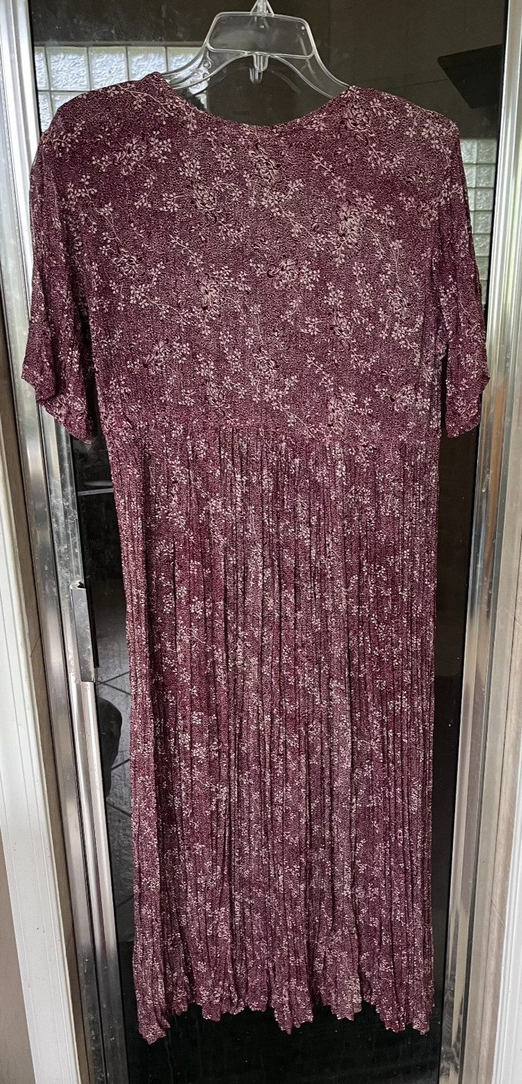 Vintage 90s NWOT STARINA Floral Print Burgundy Button Down 46″Midi Dress Women M