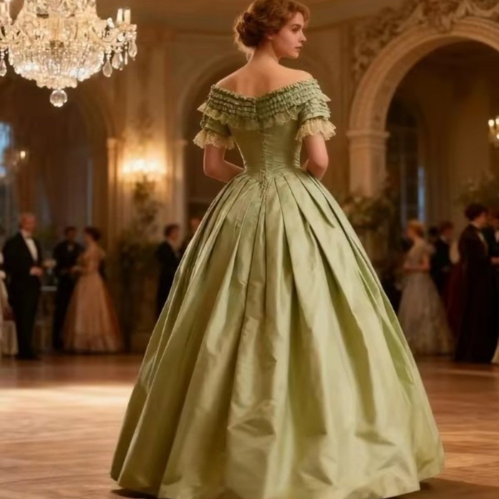 1860s Vintage Victorian Satin Prom Dresses Civil War Lace Sage Ball Evening Gown