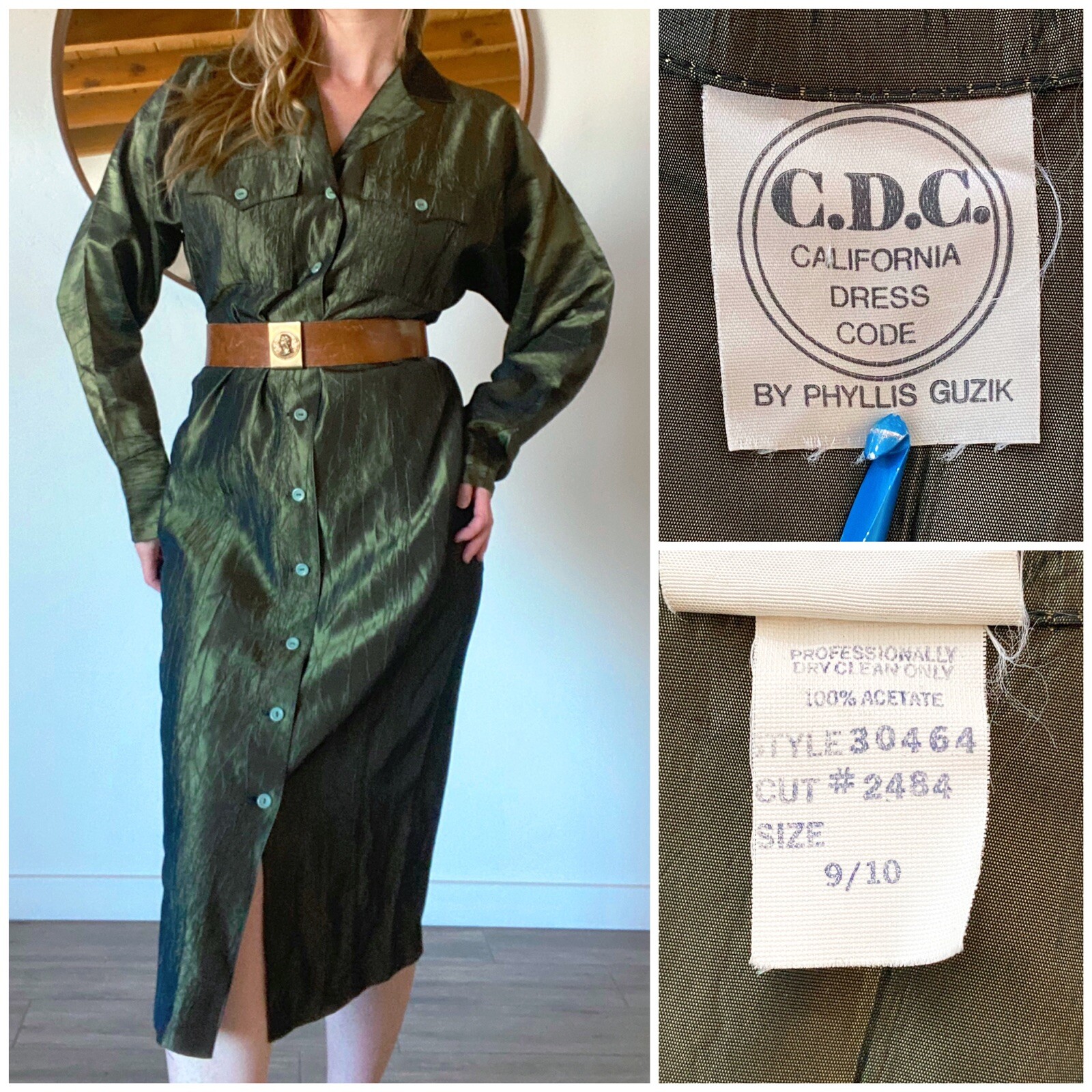 VTG 80’S CALIFORNIA DRESS CODE PHYLLIS GUZIK SHIMMER LS MIDI BUTTON UP DRESS M