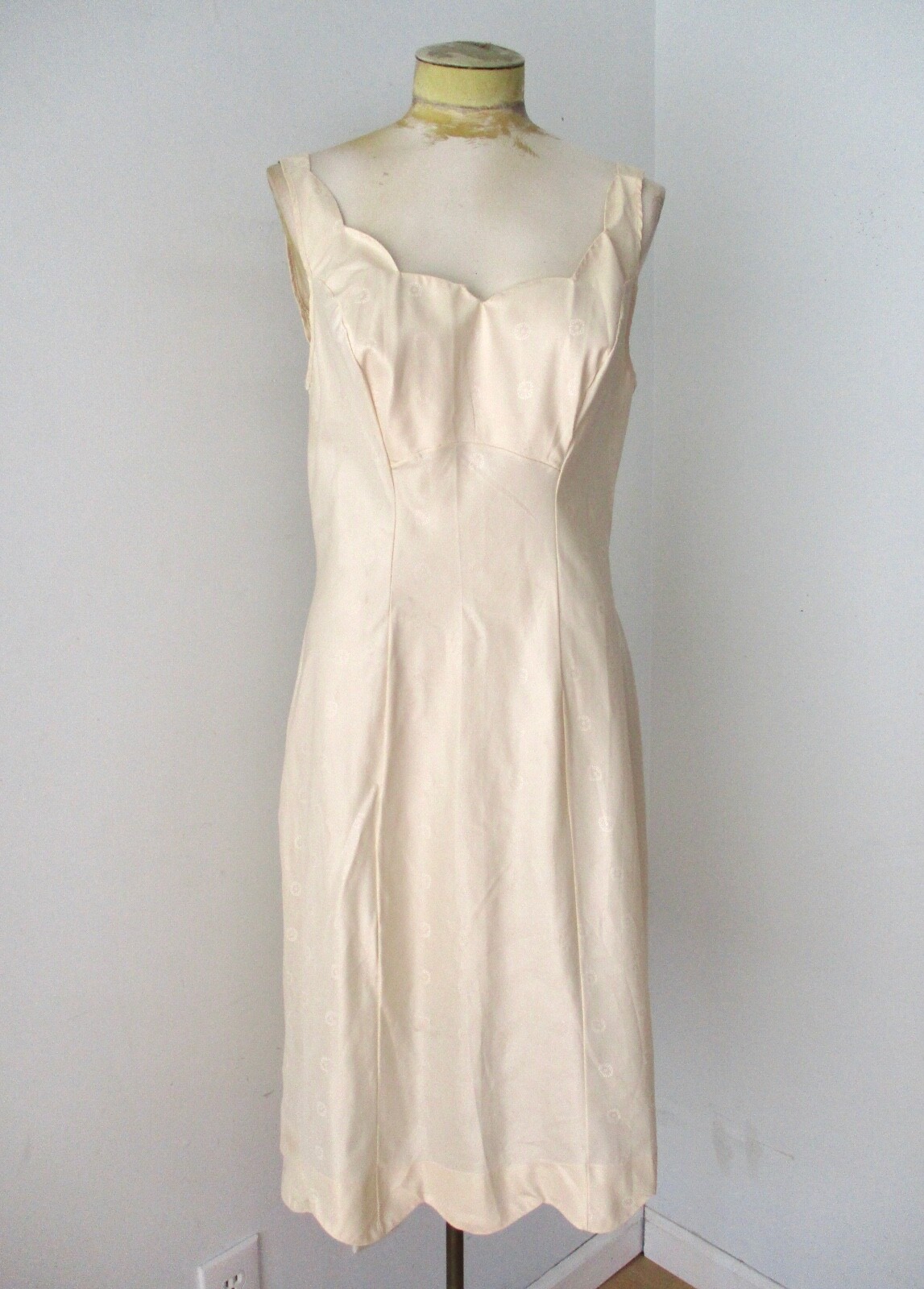 Vtg 50s Rockabilly Henson Rickernick Beige Taffeta Dress Slip Dot Brocade 36