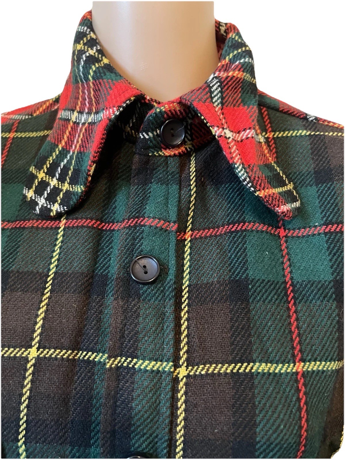 Vintage 1970s Green/Red Tartan Plaid Wool Blouse Women’s L Wide Collar Pockets