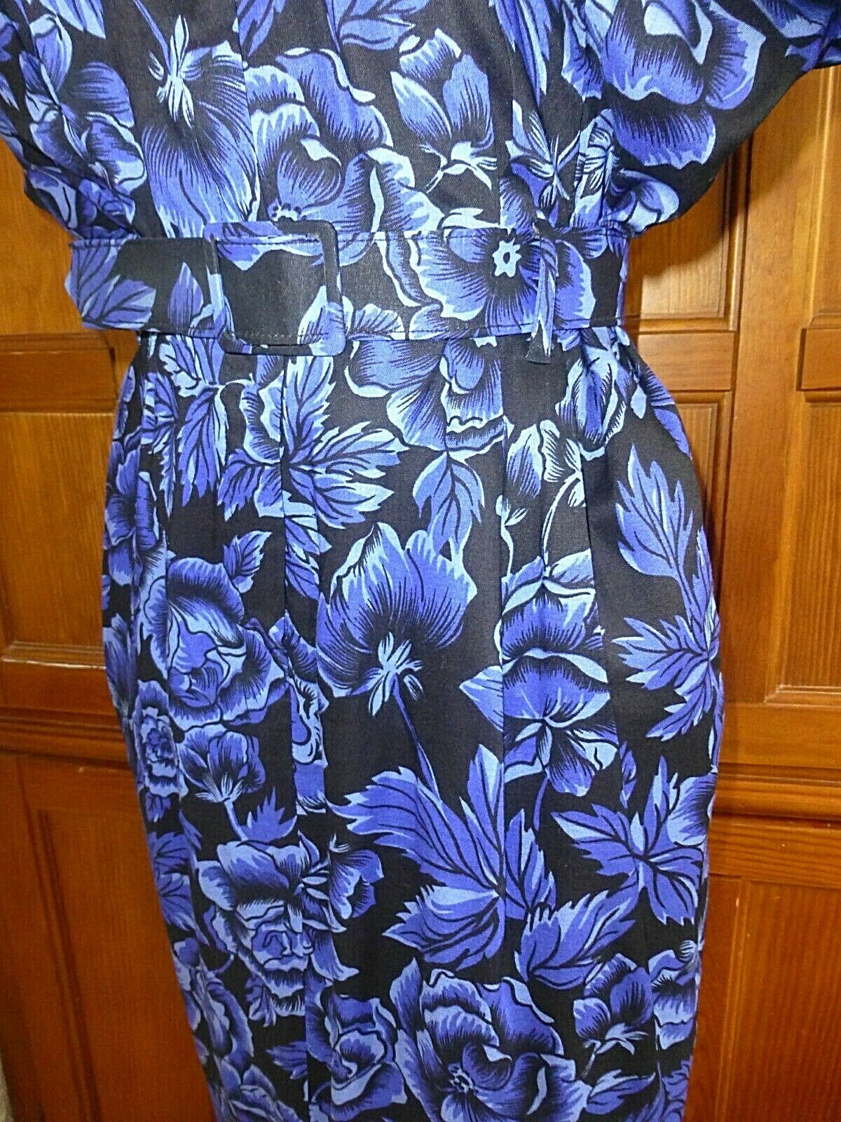 VTG 80s Midnight Floral Garden Print Dolman Slv midi BoHo Belted DRESS pockets