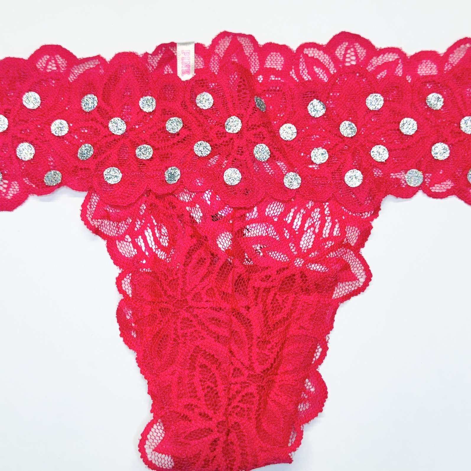 2016 Vintage PINK by Victorias Secret Red With Dots Lace Thong Panties Size MED