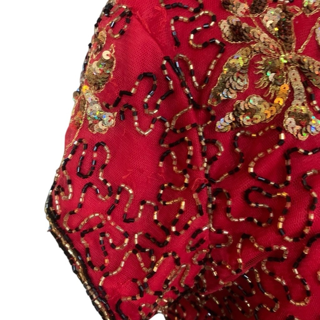 Vntg 90’s Marina red, gold and black beaded high neck short sleeved top sz small