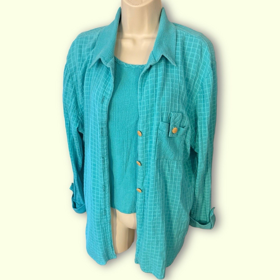 Vintage 80s Mark Fore & Strike Two Piece Teal Tank Top & Button Up Set Size L