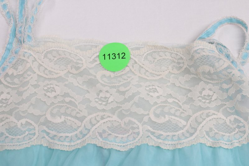 Vintage NWT Avian Nightie S Nightgown Double Nylon Blue Chiffon Lace Trim Flawed