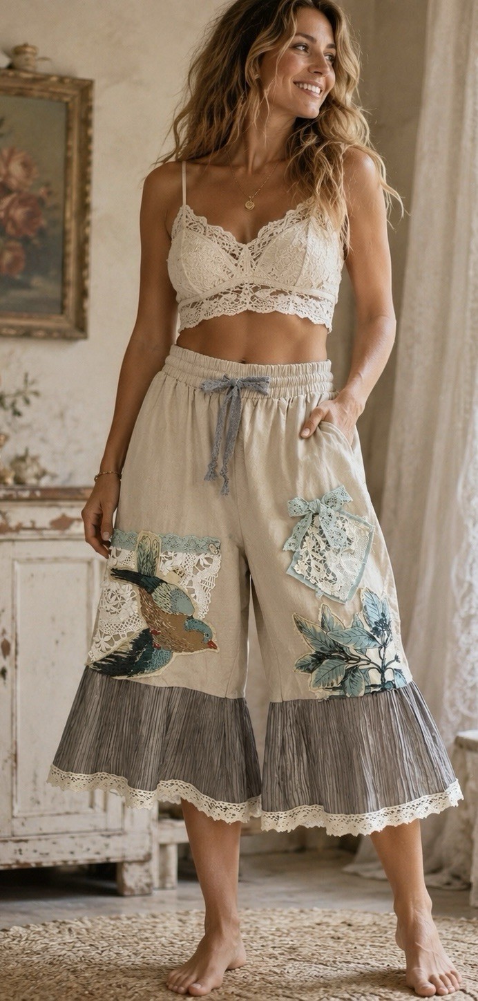 Upcycled Cropped Linen Bloomers Vtg Lace Fits M-L Handmade Patched Grunge Unique
