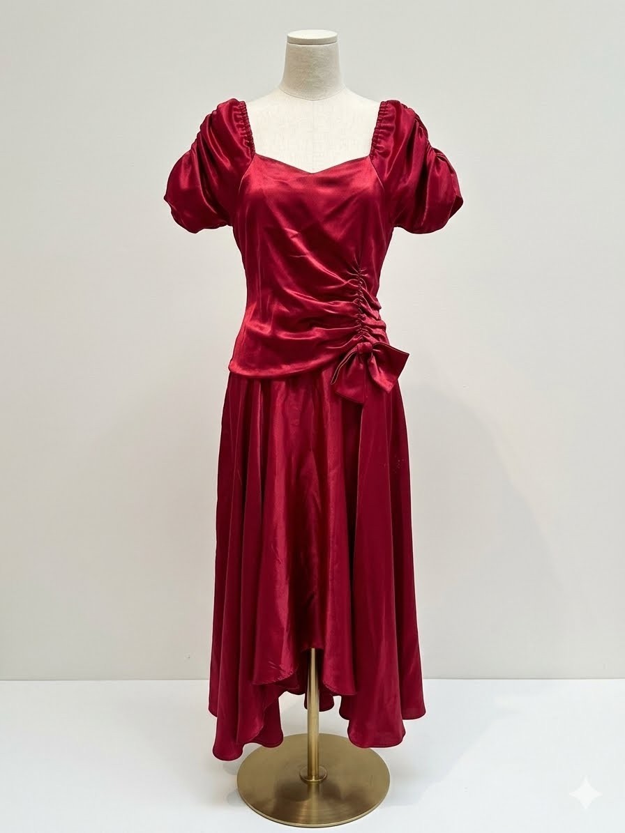 Vtg 80s Deep Red Satin Puff Sleeve Prom Party Dress Bow Plus Size 18 XL