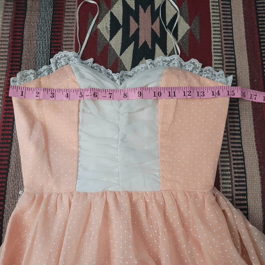 Vintage 1960s 1970s Peach Tiered Maxi Dress Sz XXS 2XS Lace Polka-dot Coquette
