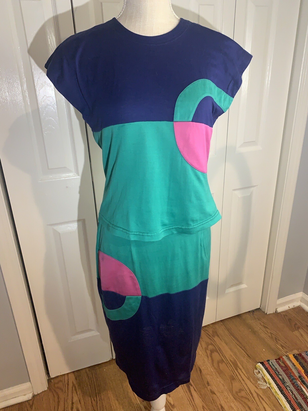 Vintage 80’s Blue Teal Pink Color Block Blouse & Skirt Set Size 6 Slim Bright