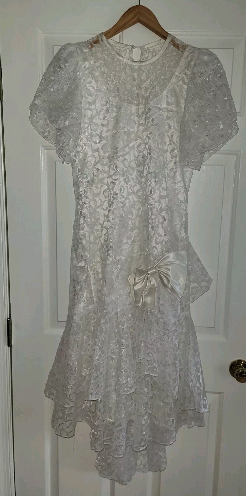 Vtg. 80s NUANCE Dress White Lace Wedding Puff Bodycon Bow Prom Party Sz. 11