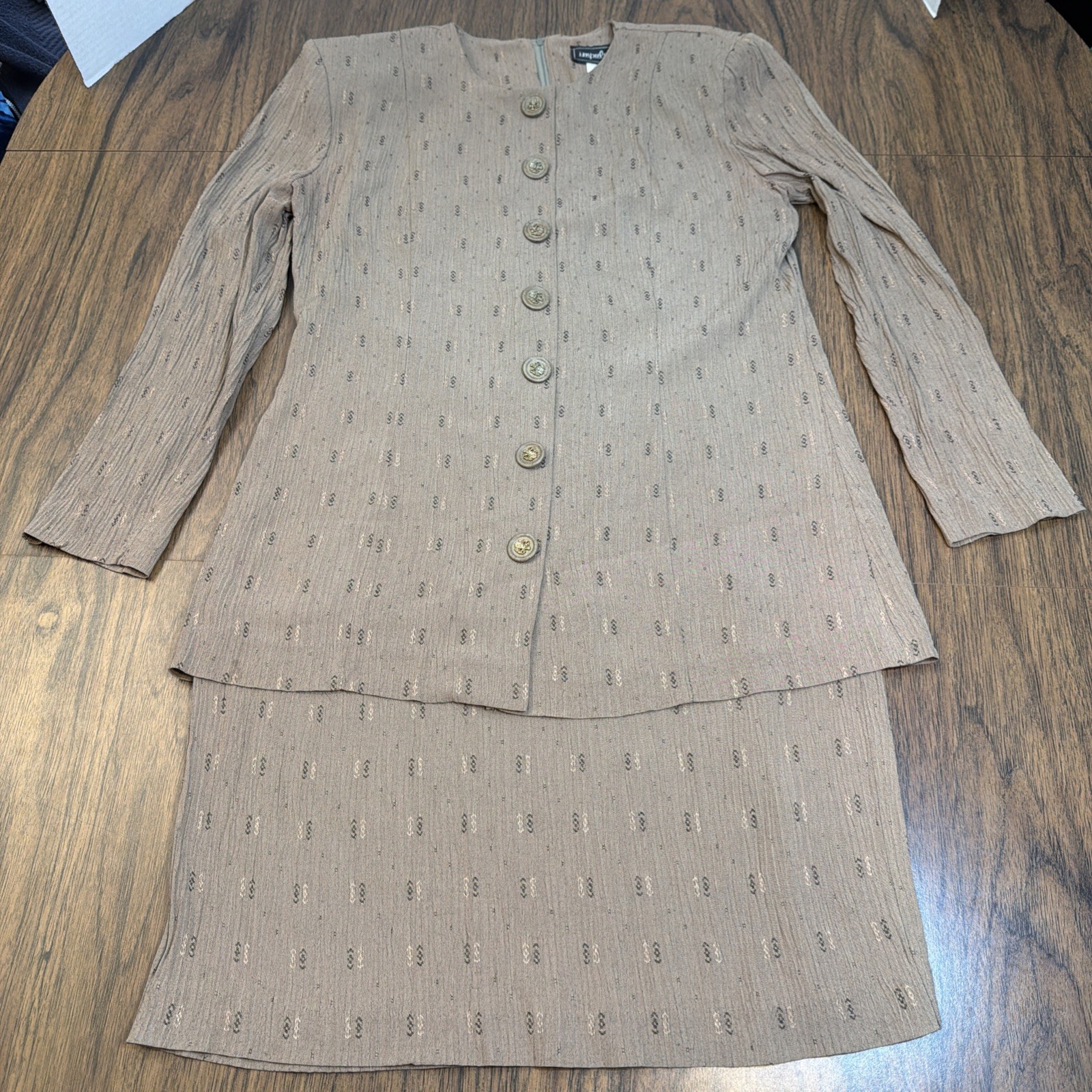 Vintage Impulsive 1pc Skirt Top Crepe Crinkle Sz 6P Brown Faux Button Secretary