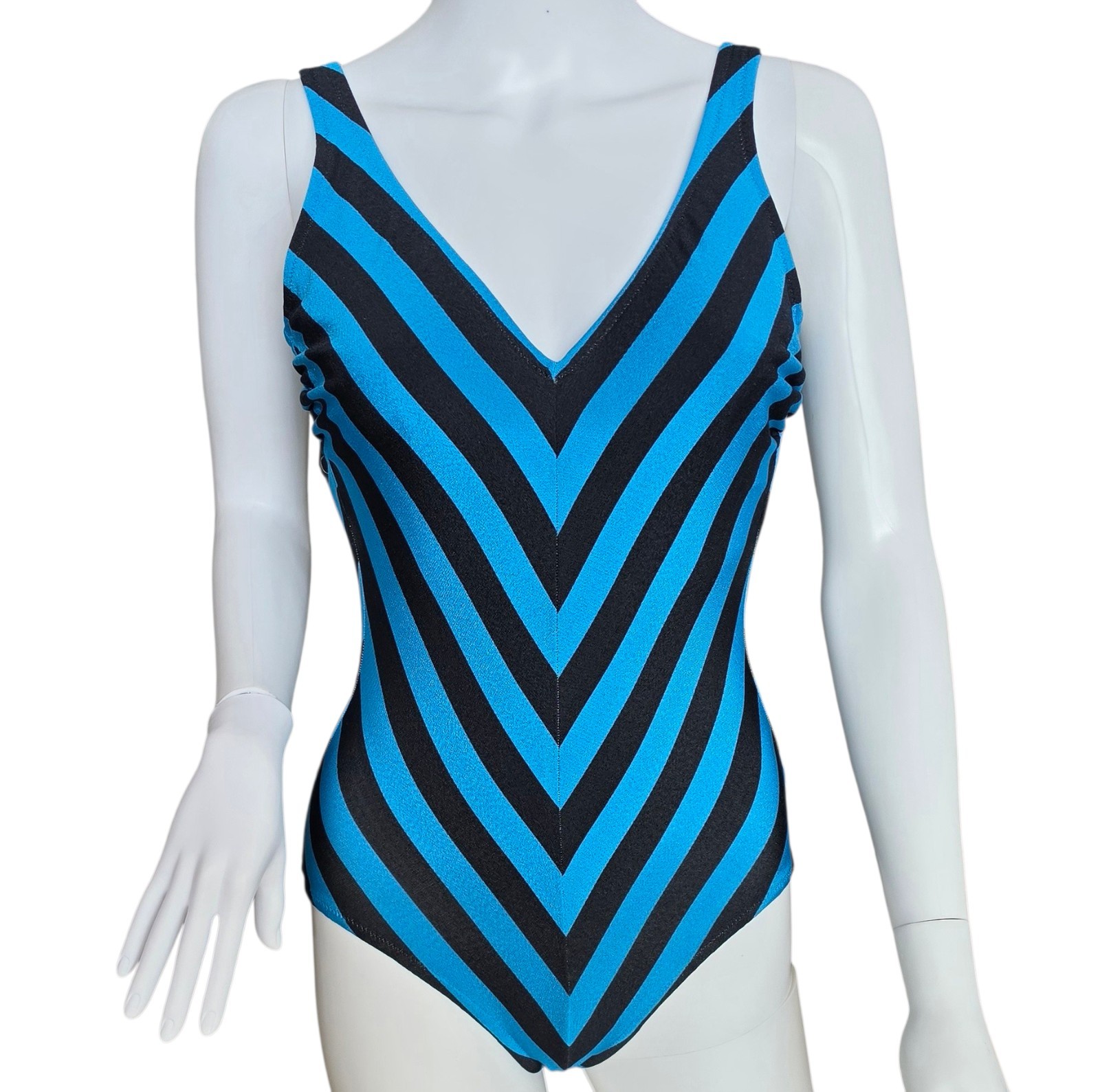 Vintage 70’s 80’s blue & black chevron pattern one-piece swimsuit from DeWeese