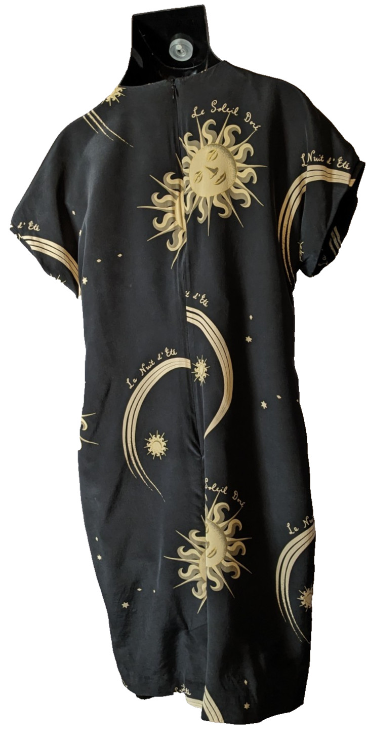 Celestial Silk Dress Jones New York. Black/Gold Sun, Moon 1990s Size 14 Sheath