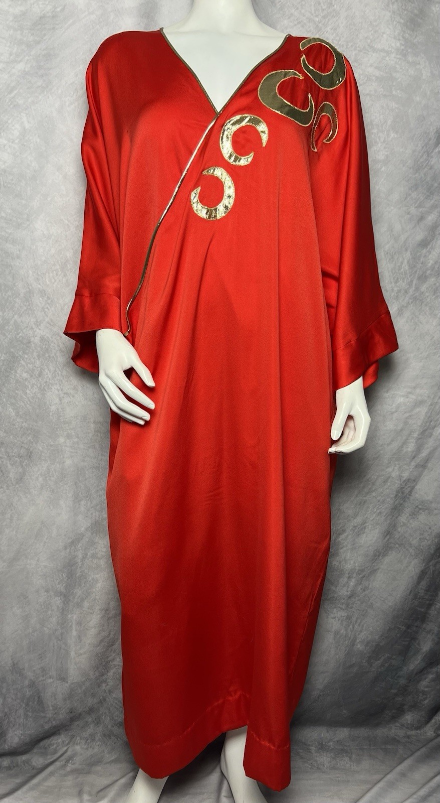 Vintage 1970s/80s Lucie Ann Beverly Hills Red Kaftan Dress Metallic Gold Design