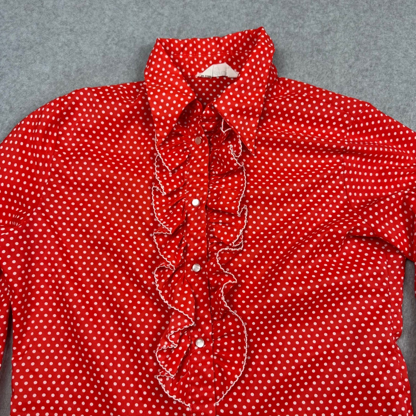 Vtg Judy Bond Red Polka Dot Ruffle Front Blouse Long Sleeve Retro Top Sz 16