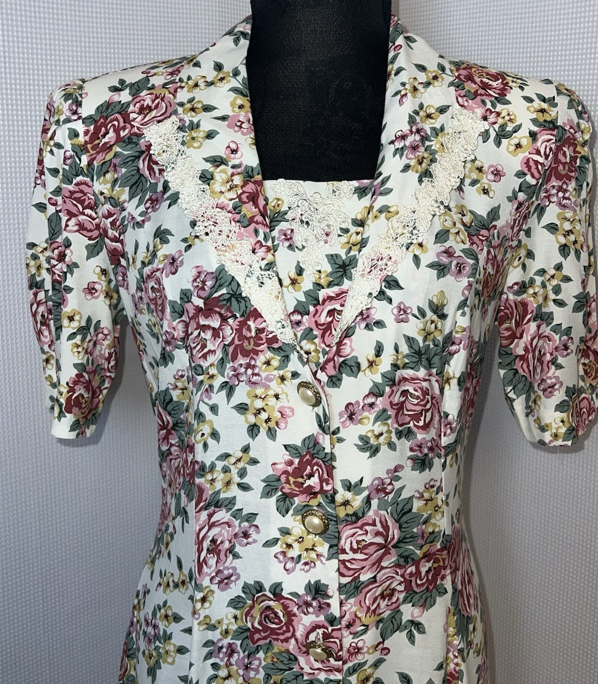 Betsy Lauren White Dress Size 7/8 Floral Back Tie Collared Button Front Maxi u96