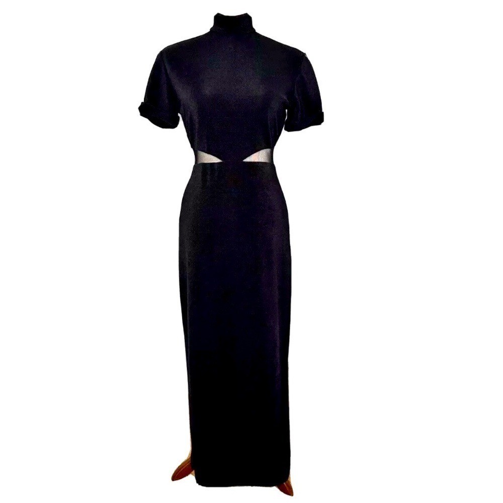 Vintage Black Mesh Cutout Maxi Gown Whimsigoth Dress 90s Long Womens Medium READ