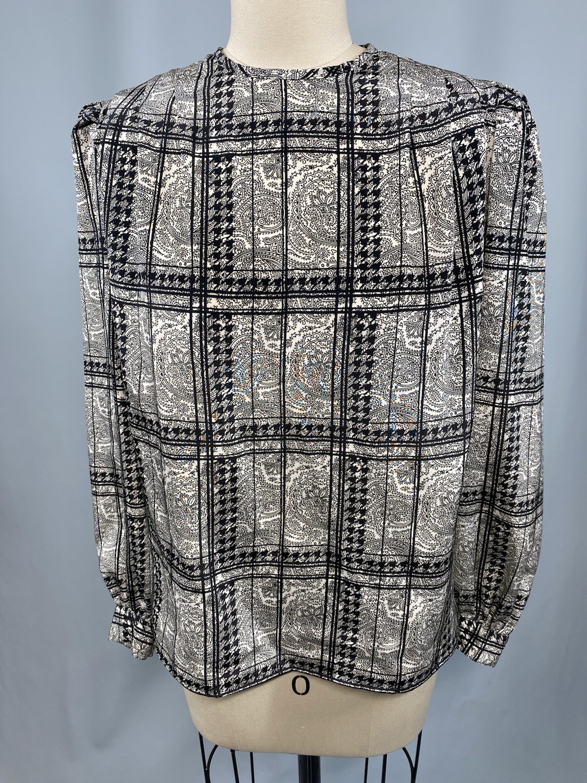 Vintage Blouse top SIZE 6 PETITE SMALL black white gray EVA LAUREL 80s 90s check