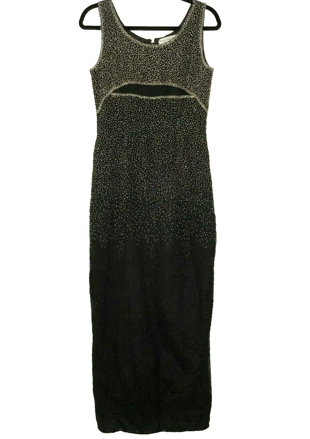 Vtg 80s Beaded Maxi Dress Evening Gown Black Silk M Glam Sparkle Romantic Goth
