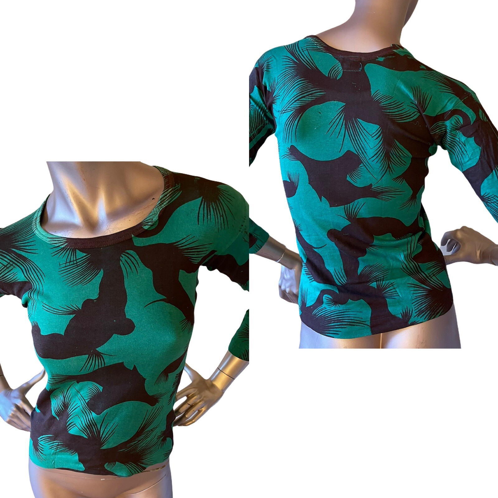 Vintage Allover print Long Sleeve print Green Black print size Med Nelson Brand