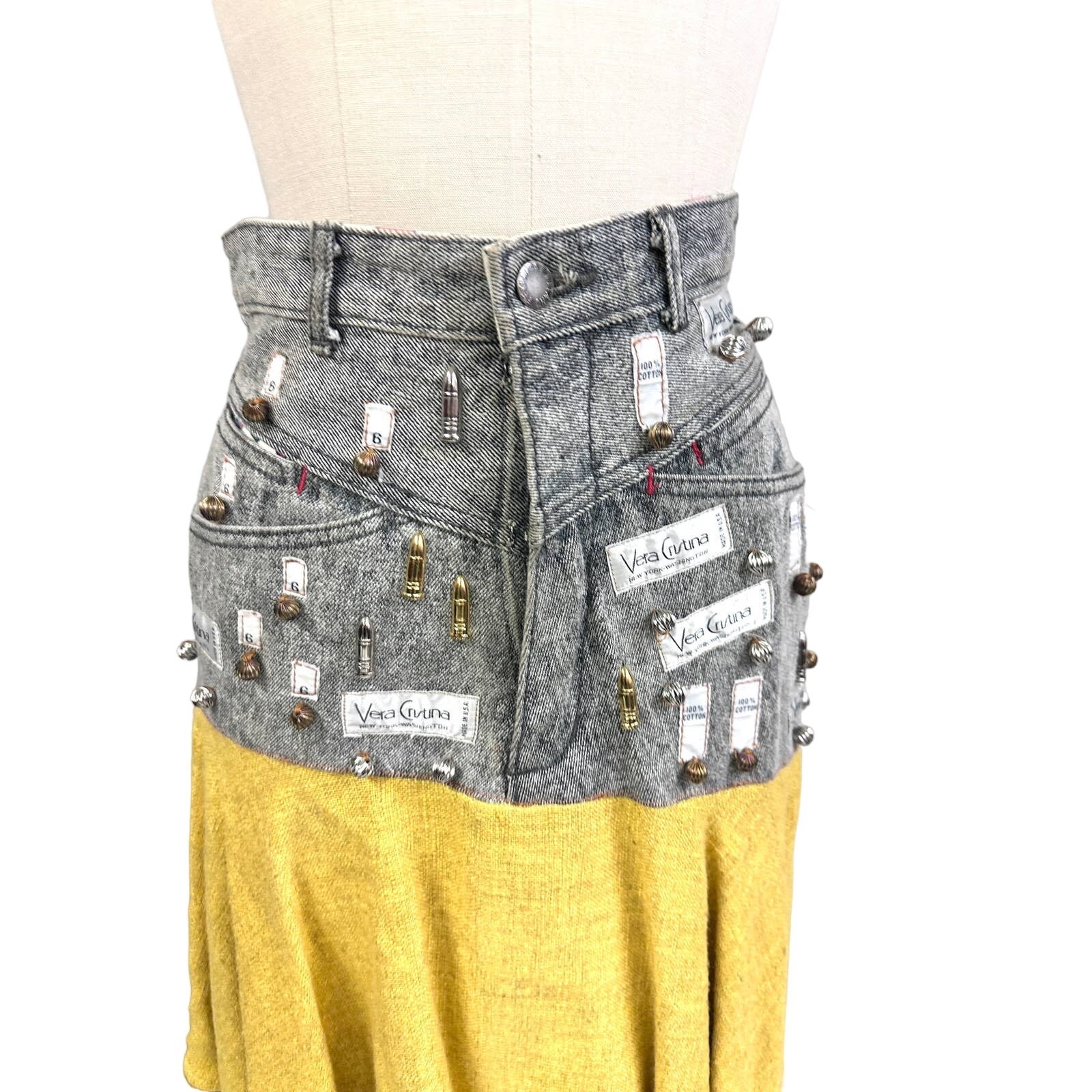 Vera Cristina NY VTG 1980s Skirt & Top Set Yellow Linen Gray Denim Beaded Sz M