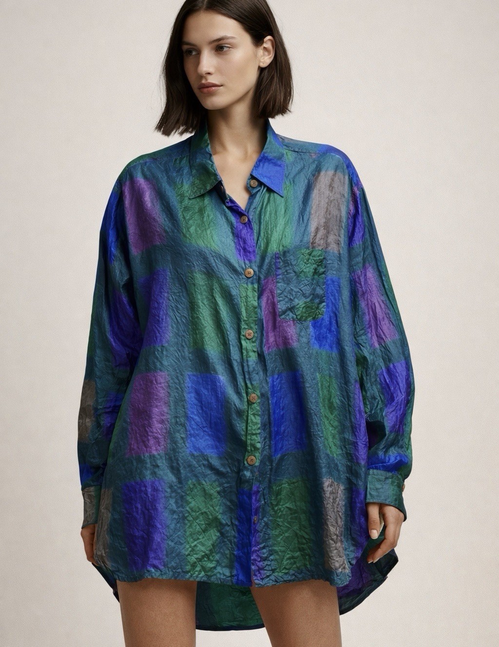 Vintage 90s Romeo Gigli 100% Silk Shirt Green Purple Button-Up Blouse Italy Sz S