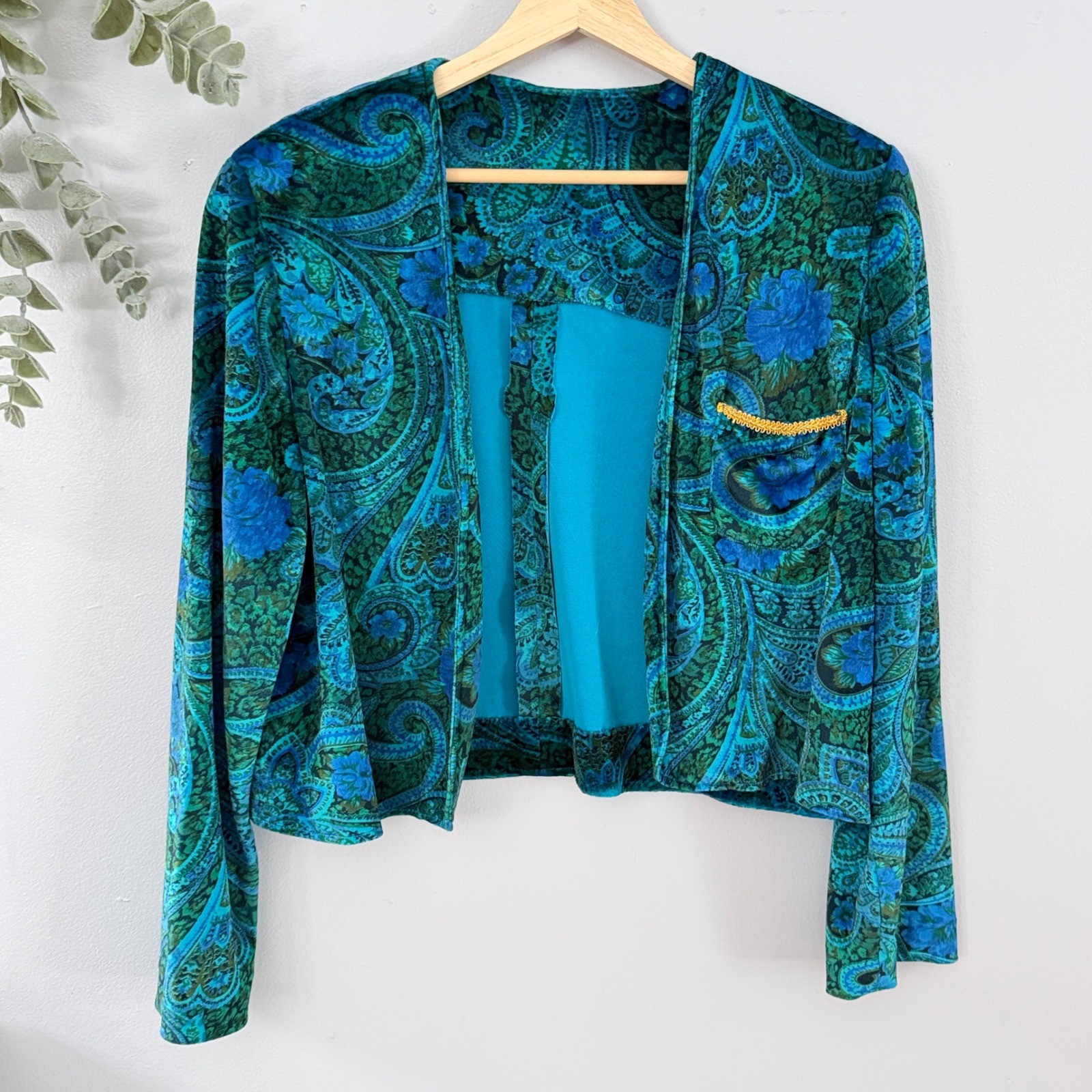 Vtg Jacket Artsy Paisley Velvet Handmade Cropped Peacock Boho 70s 80s Teal Blue