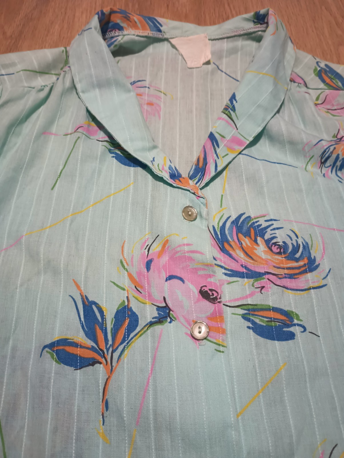 Vtg 80s Green Blue Shawl Collar Button Up Blouse Top new wave kitsch paint M L