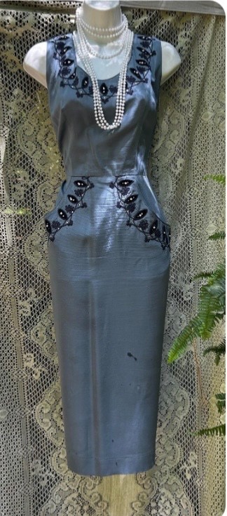 Blue 1950s dress vintage gray blue for cocktail evening party photoshoot reenac