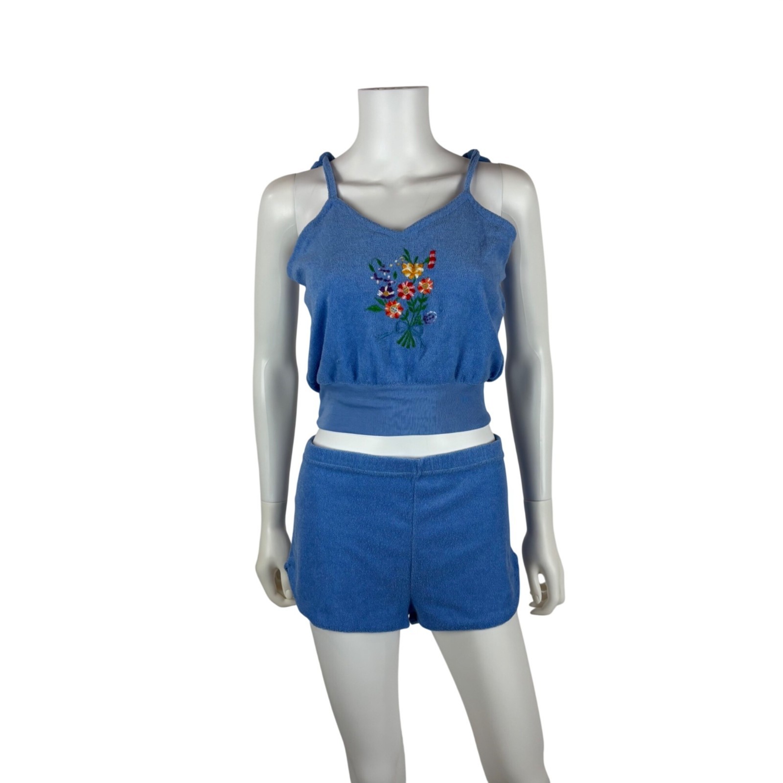 Vintage 80s Terry Cloth Set Womens L Blue Flower Embroidery Two Piece Summer