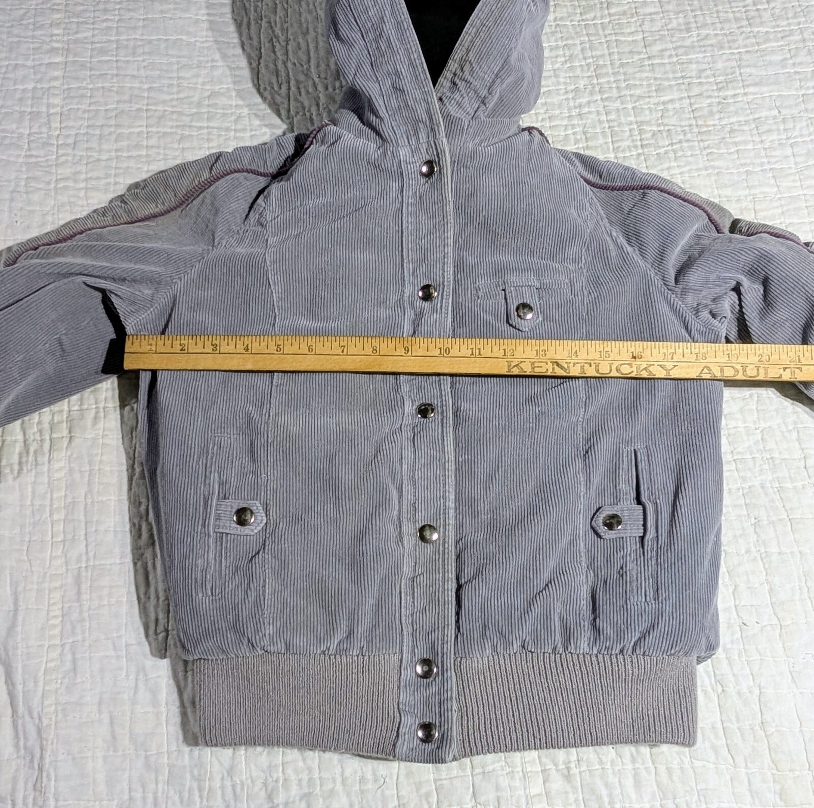 Vintage Mod Maid Coat 60s 70s Women’s SMALL Gray Corduroy Purple Trim Hooded