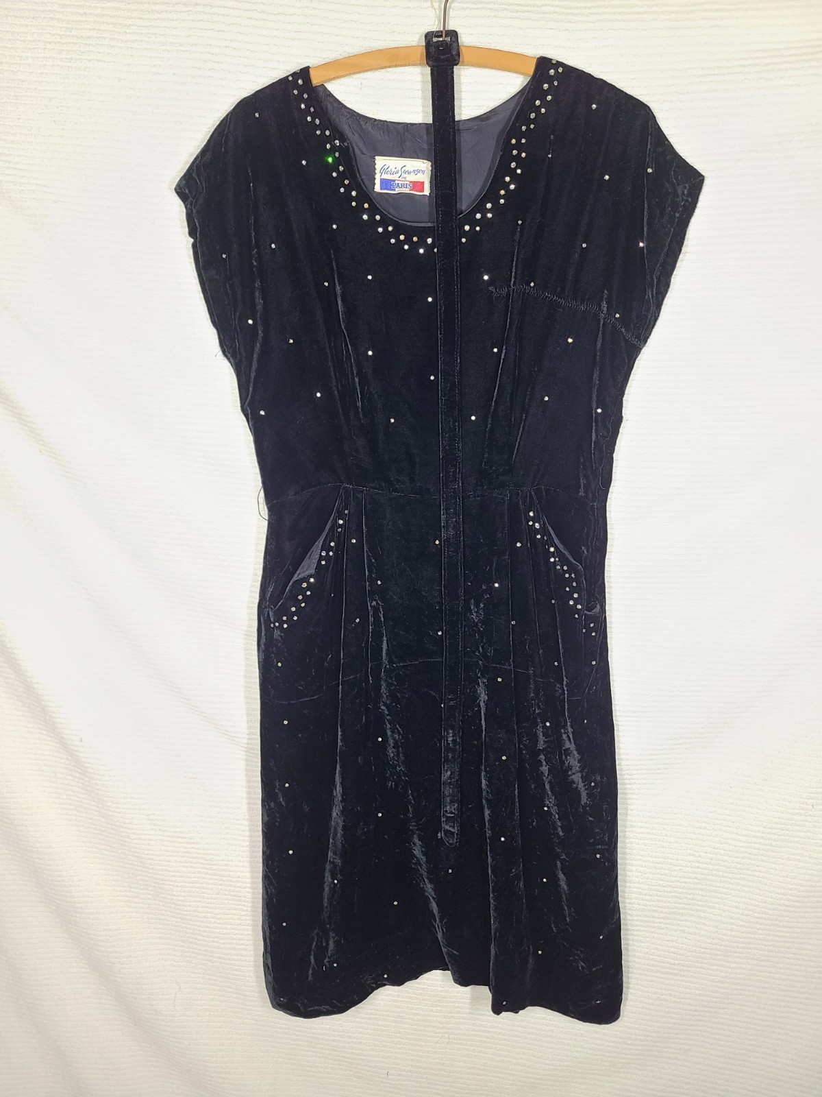 Vtg 40s Dress Black Velvet Night Sky Rhinestone wBelt Gloria Swanson Paris AsIs