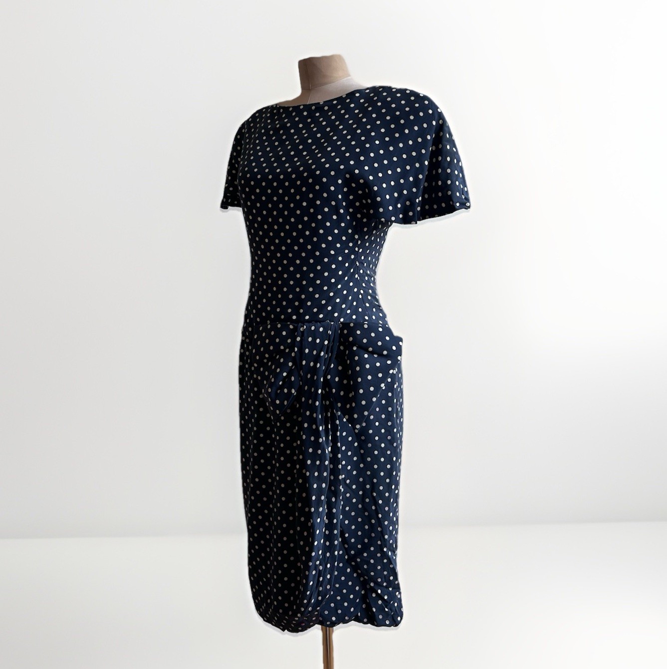 Vintage Arnold Scaasi Dress Pin Up Navy Blue White Polka Dot 80s Cocktail sz S